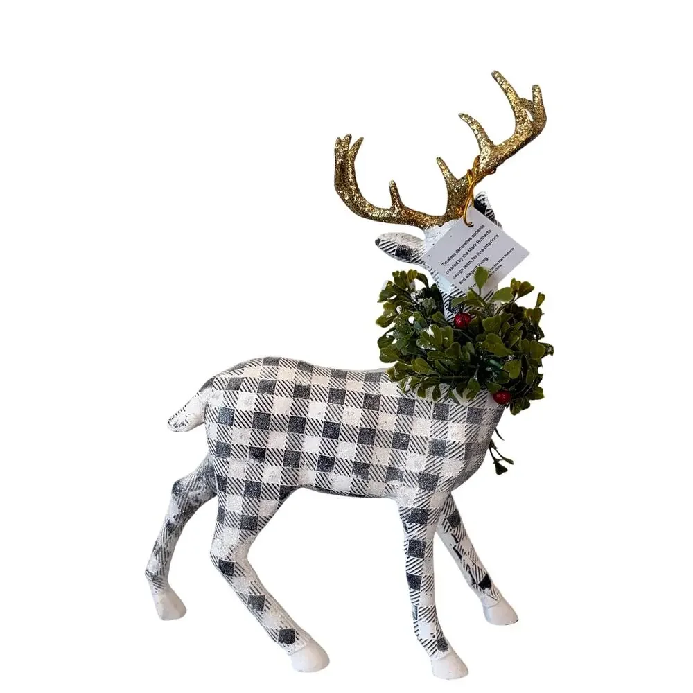 Mark Roberts Plaid Christmas Reindeer Gold Antlers 3pc 13in Holiday Decor NEW